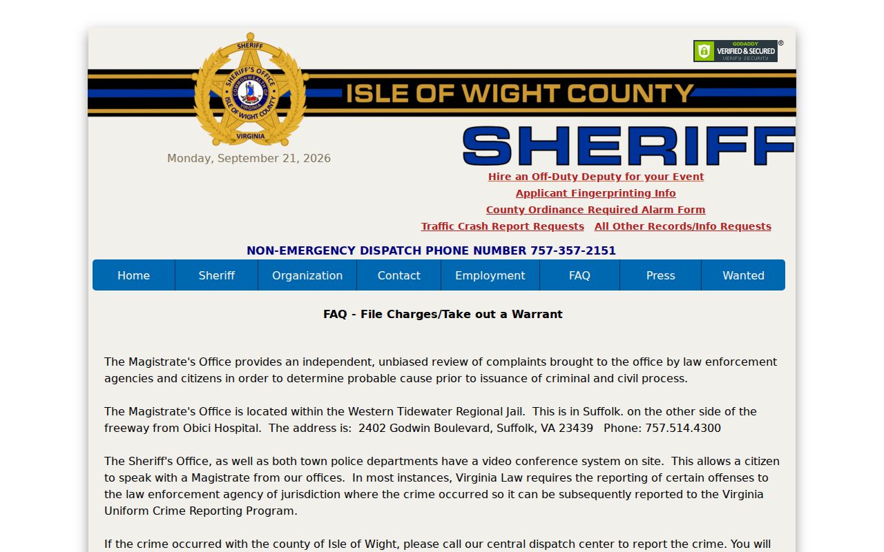 Isle of Wight County arrest warrant probable cause and magistrate process