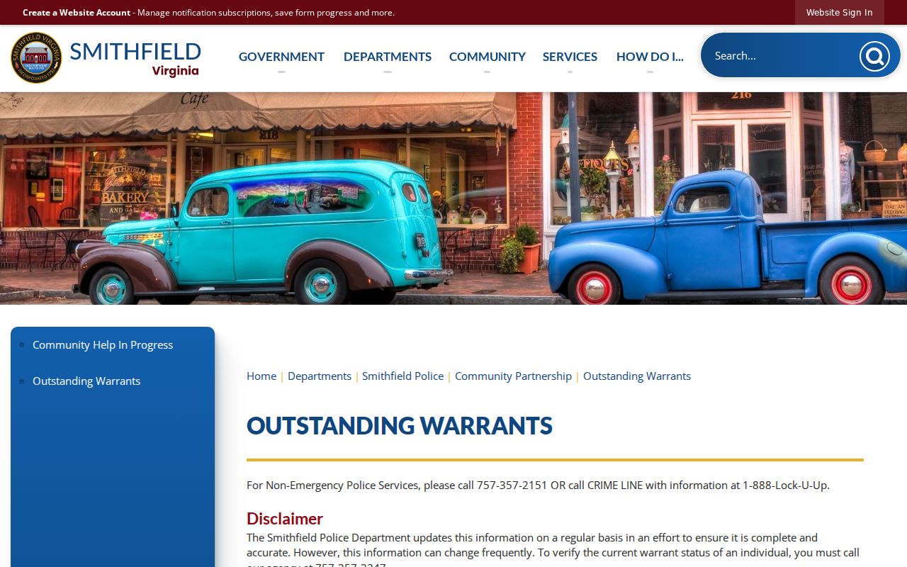Smithfield warrant records page with police status verification warning