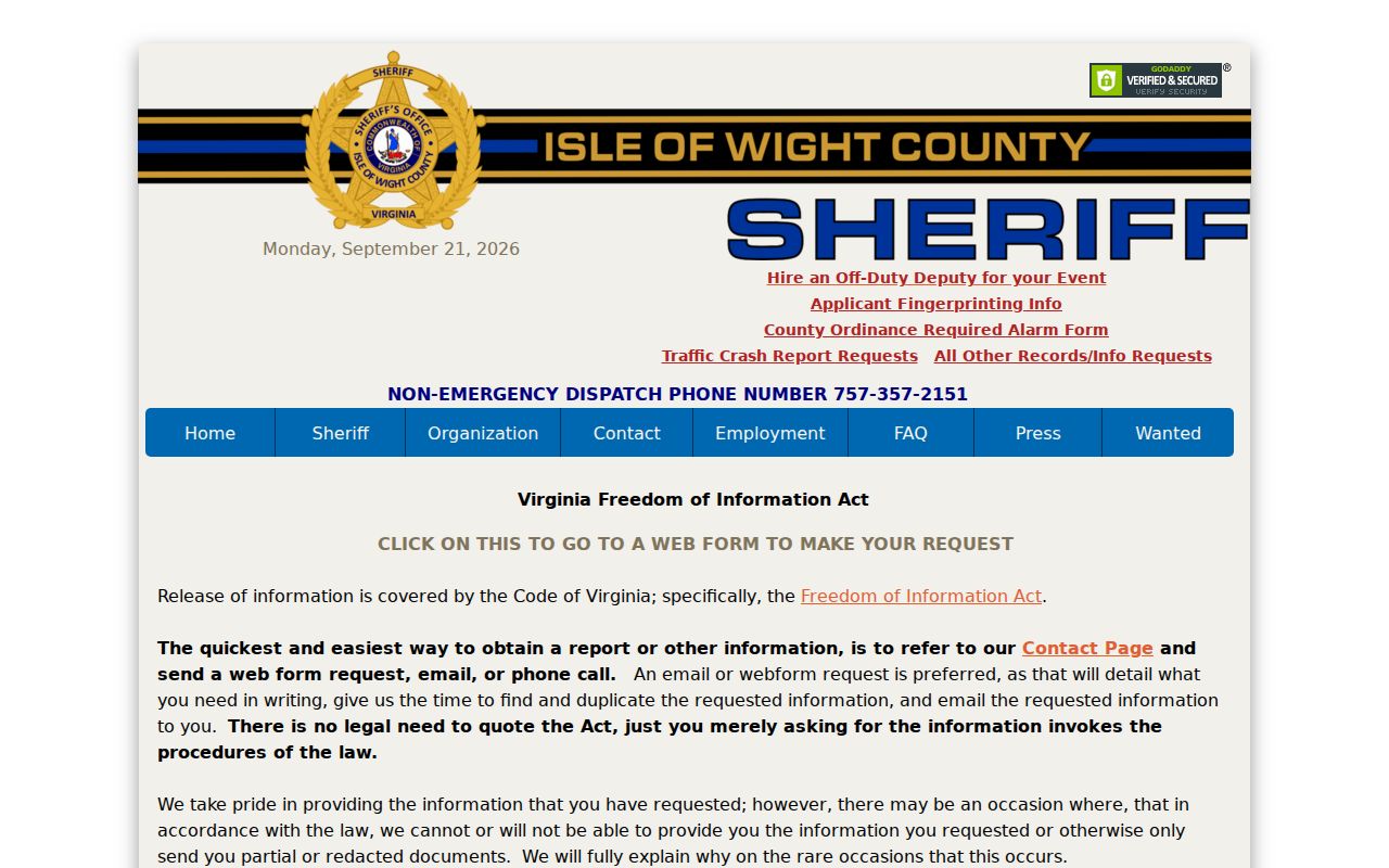 Isle of Wight County warrant records and Sheriff FOIA request rights
