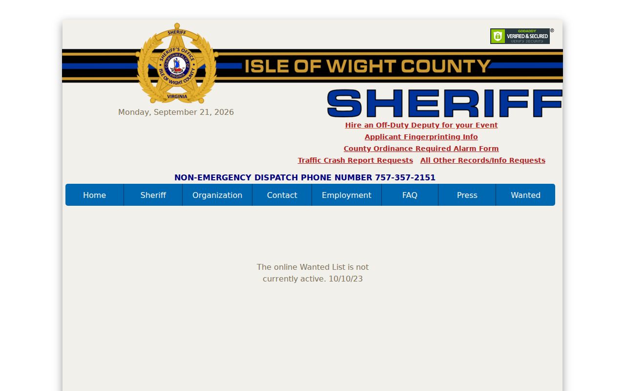 Isle of Wight County active warrant list page with inactive status notice